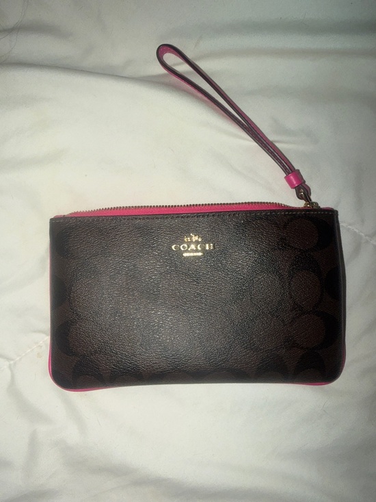 Coach Handbags - Coach Black & Pink Signature Wristlet with Pink Trim and Strap